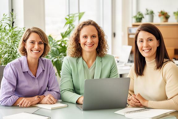 Drei SEO-Trainerinnen und Trainer arbeiten freundlich in einem hellen Büro
