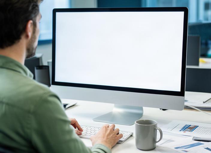 SEO-Fachkraft prüft technische Website-Daten auf einem grossen Monitor